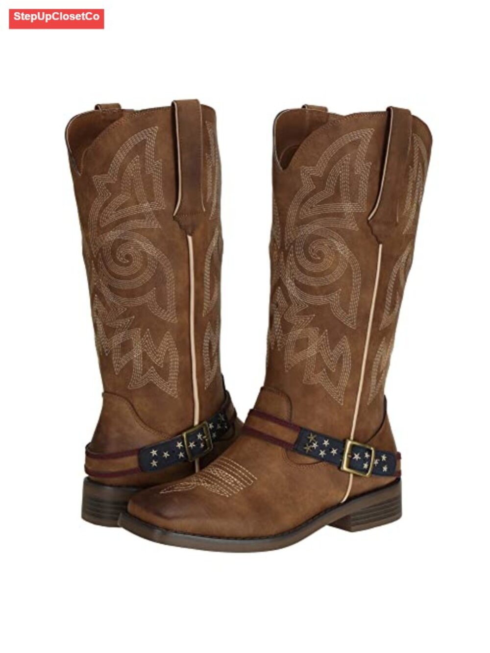 Faux Leather Mid Calf Western Cowboy Boots Women Square Toe Embroidered Block